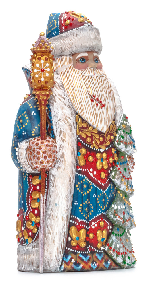 240 mm Santa with a Magic Staff and a Green Christmas Tree Carved Wood Hand Painted Collectible Figurine (by Natalia Nikitina Workshop)