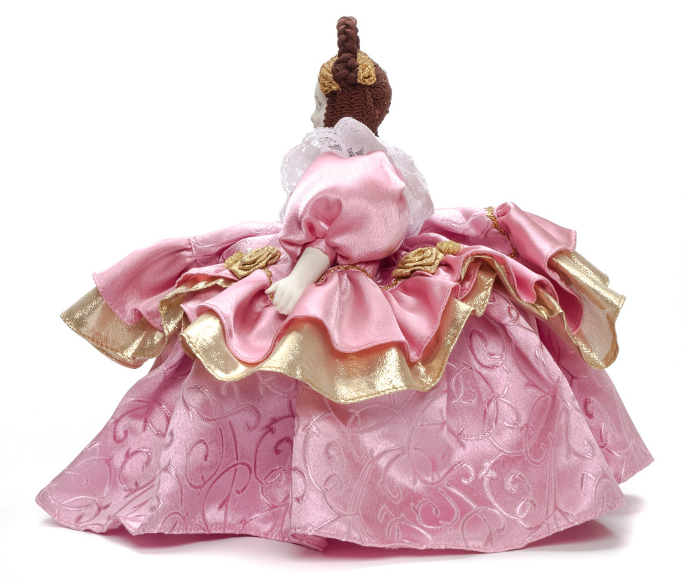 Young Lady in a Pink Dress Kettle Porcelain Doll Warmer - 15 Inches