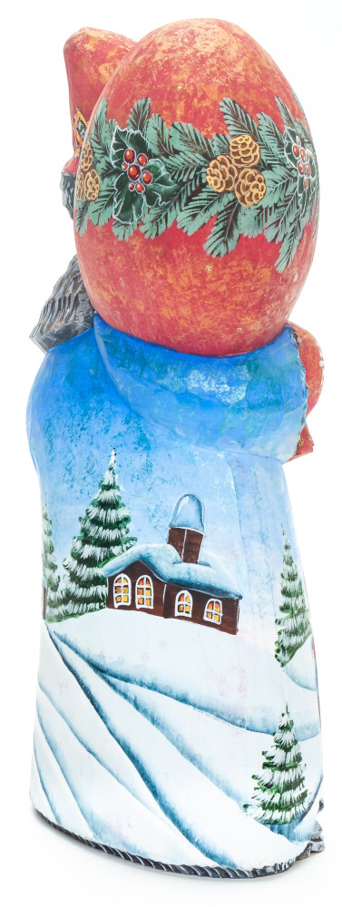 210 mm Santa with a Magic Staff and a Bag with handpainted Children making a Snowman Wooden Carved Statue (by Igor Carved Wooden Figures Studio)