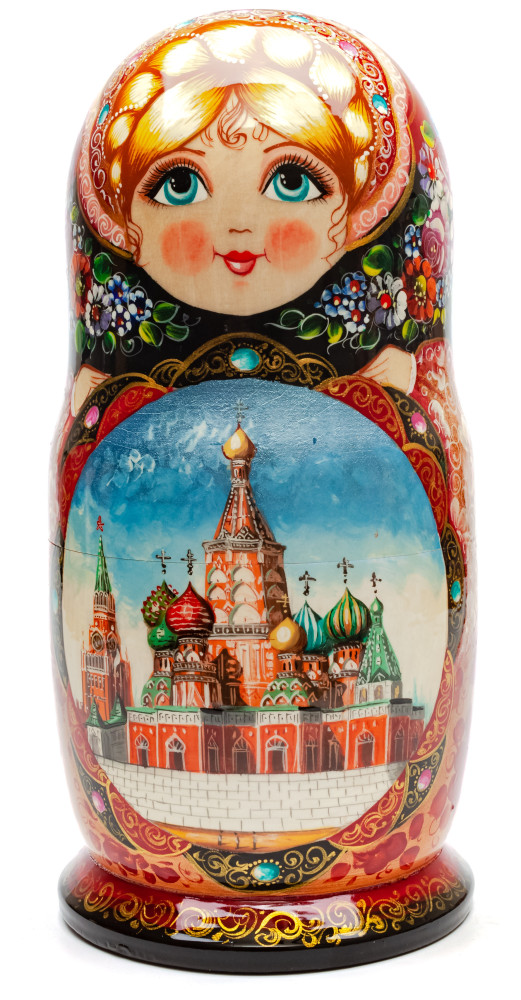 Shop Exclusive Nesting Dolls 250 mm Moscow Kremlin and Snt Basil Cathedral hand painted Matryoshka 10 pcs with Zhostovo ornaments (by Olga Zaitseva) online at Skazka.site | Eligible for fast shipping and free returns. 250 mm Moscow Kremlin and Snt Basil Cathedral hand painted Matryoshka 10 pcs with Zhostovo ornaments (by Olga Zaitseva)