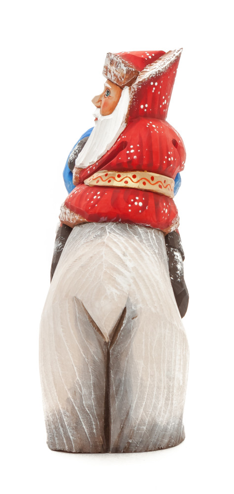 160 mm Santa with a Bag riding the Bear Carved Wood Hand Painted Collectible Figurine (by Sergey Christmas Workshop)