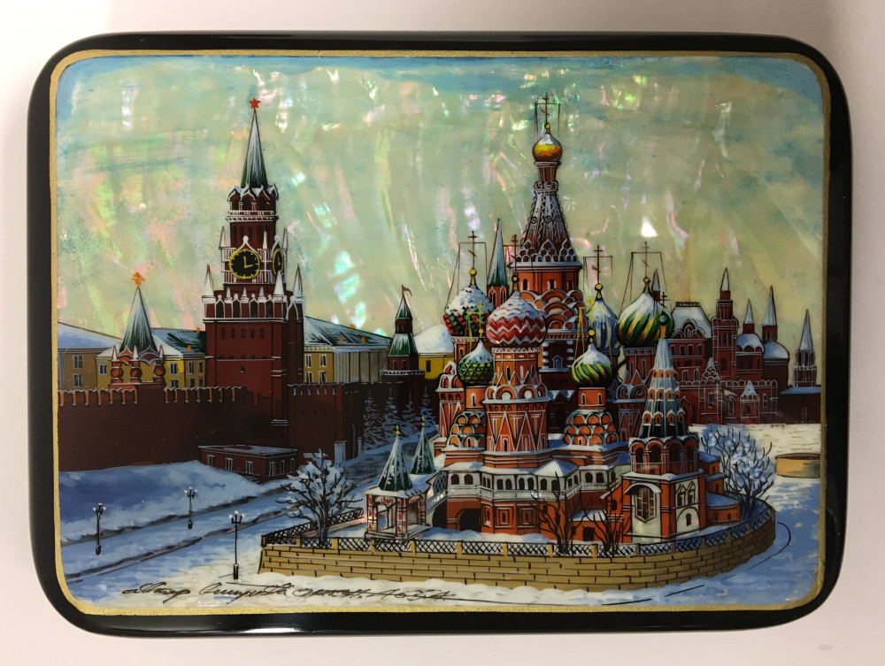 150x110 mm Moscow Snt Basil Cathedral and Red Square hand painted papier-mache lacquered Jewelry Box (by Tatiana Crafts)