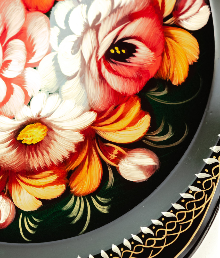 d 220 mm Zhostovo Patterns hand painted and lacquered Metal Forged Black Tray (by Lada Crafts)