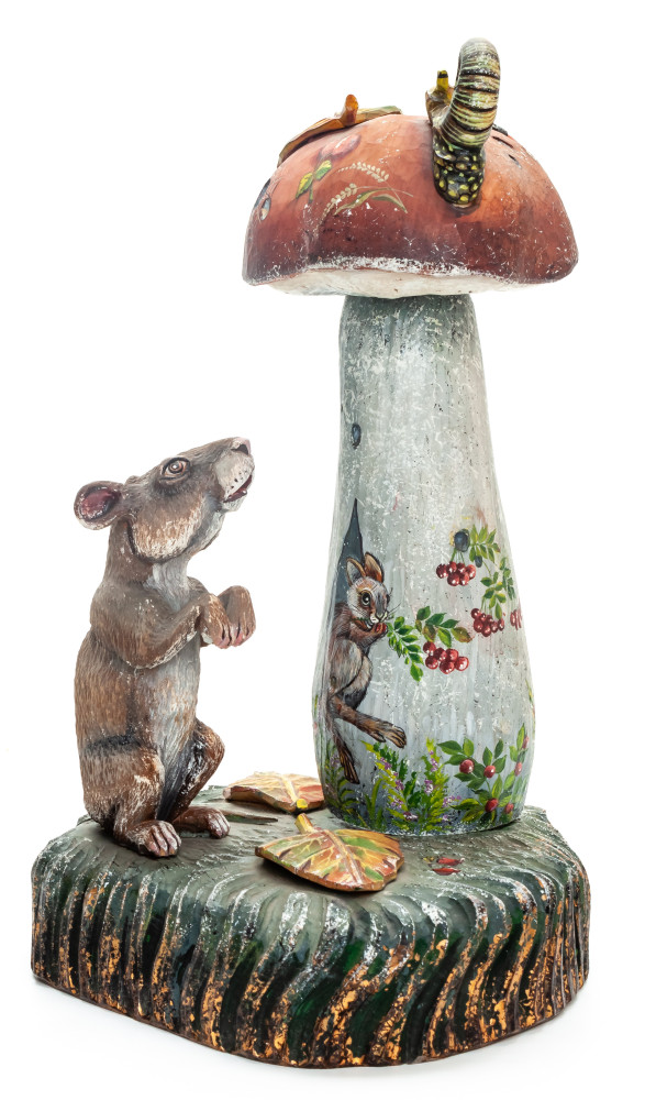 280 mm Mushroom and a Mouse hand painted Wooden Statue (by Karpova Nadezda)
