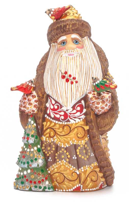 155 mm Santa with a Green Christmas Tree and Birds Carved Wood Hand Painted Collectible Figurine (by Natalia Nikitina Workshop)