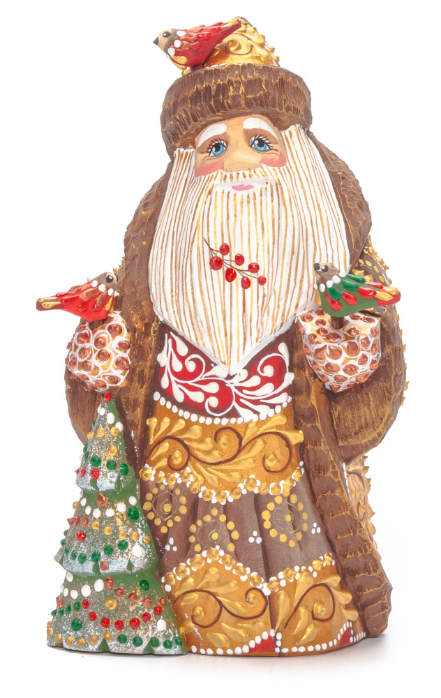 155 mm Santa with a Green Christmas Tree and Birds Carved Wood Hand Painted Collectible Figurine (by Natalia Nikitina Workshop)