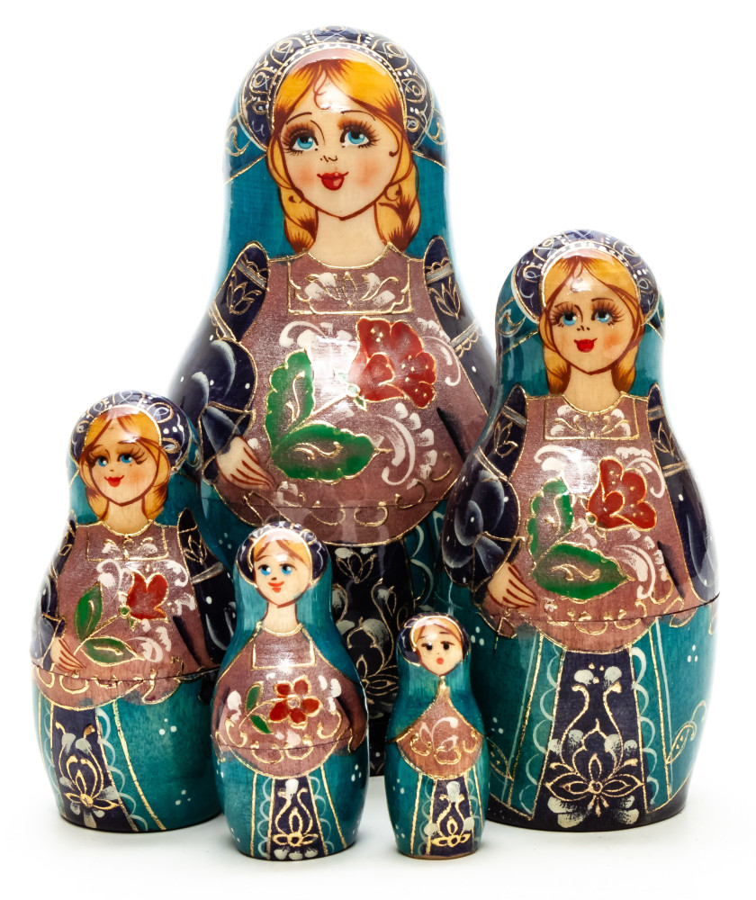 130 mm Maiden with Scarlet Flower hand painted on Wooden Matryoshka doll 5 pcs (by Valeria Crafts)