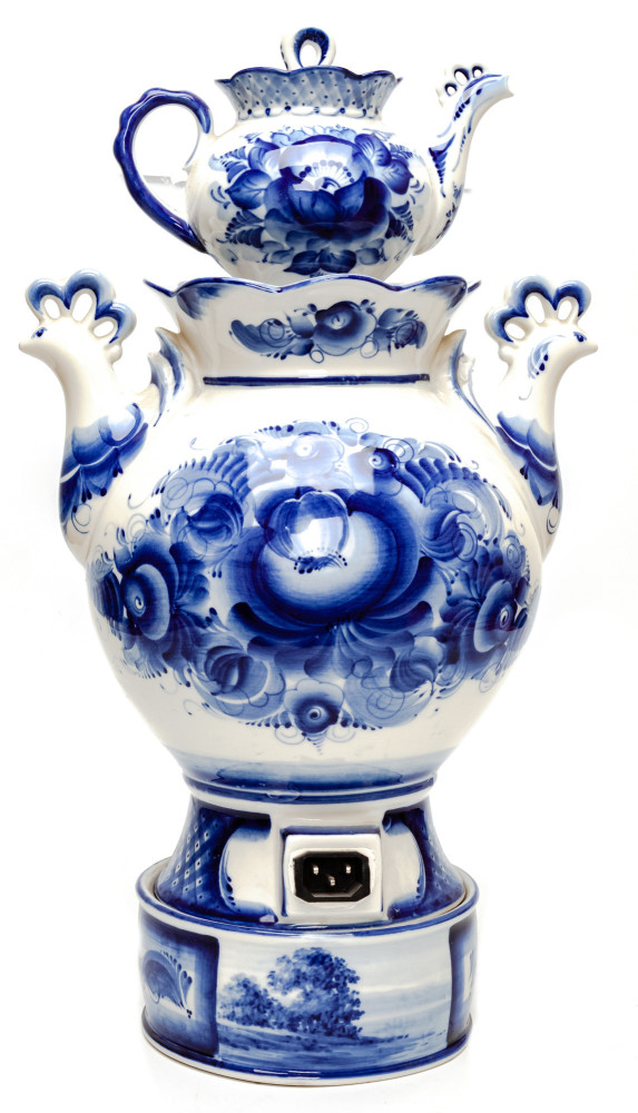 Flowers Gzhel Ceramic Electric Kettle with Teapot and Tray