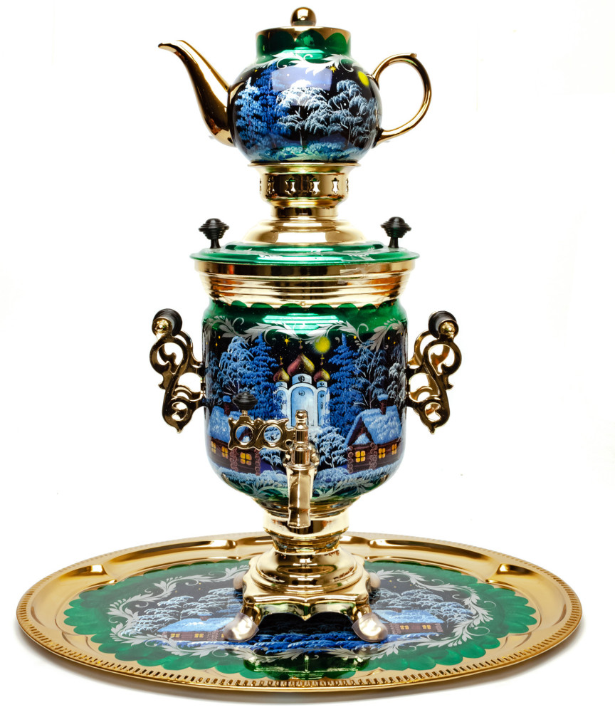 Russian Christmas Night Hand Painted Electric Samovar Kettle with Teapot and Tray