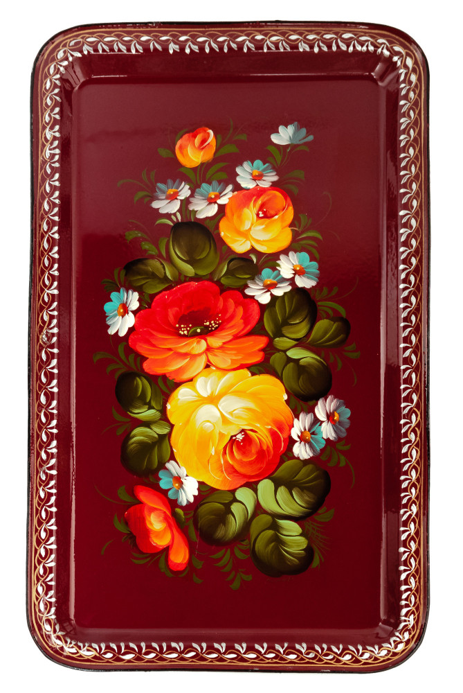 235x395 mm Zhostovo Patterns hand painted and lacquered Metal Forged Carmine Tray (by Lada Crafts)