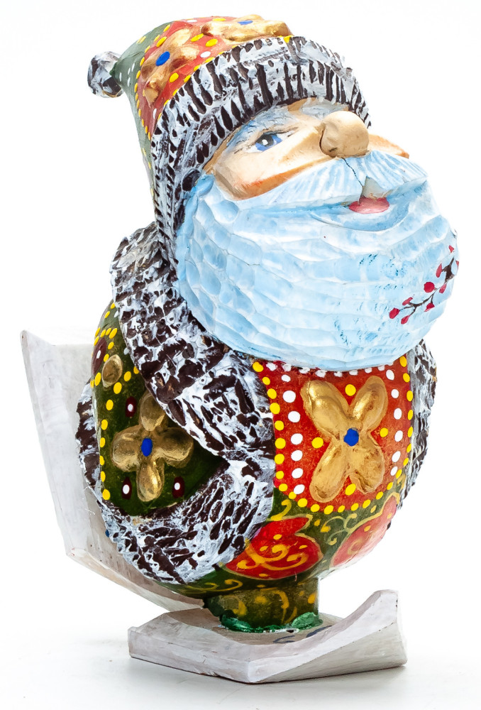 130 mm Santa Riding the Skates Carved Wood Hand Painted Collectible Figurine  (by Natalia Nikitina Workshop)