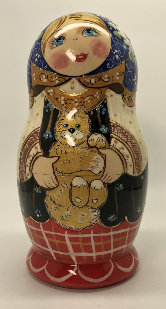 170 mm Russian Girl in Traditional Dress plays with Kitten hand painted wooden Matryoshka doll 5 pcs (by A Studio)