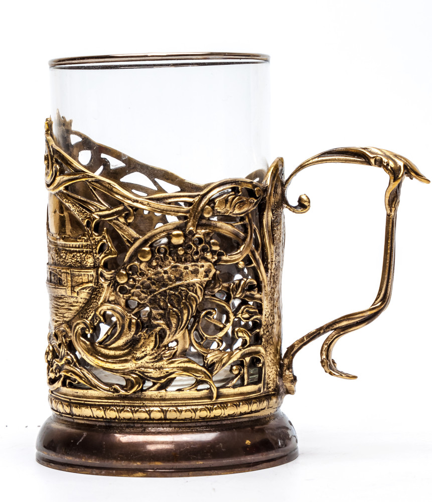 Moscow Cast Brass Tea Glass Holder with Faceted Glass (by Kolchugino)