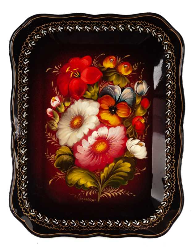 250x330 mm Zhostovo Patterns hand painted and lacquered by Golovina Metal Forged Tray (by Lada Crafts)