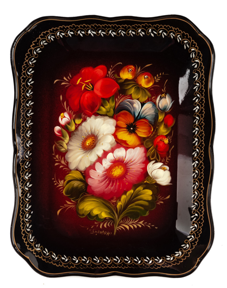 250x330 mm Zhostovo Patterns hand painted and lacquered by Golovina Metal Forged Tray (by Lada Crafts)