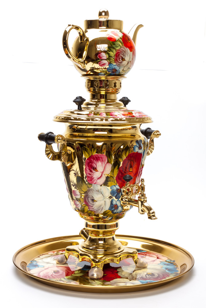 Zhostovo Flowers Electric Gold Samovar Kettle with 4 hand painted Brass Tea Glass Holders, Ceramic Teapot and metal Tray
