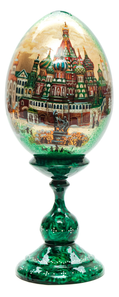 230mm Moscow Saint Basil Cathedral hand painted on green colored wooden Egg with standby (by Alexander Green)