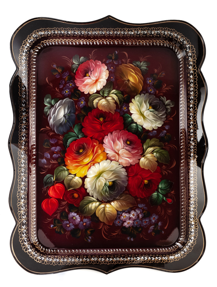440x590 mm Zhostovo Patterns hand painted and lacquered by Gogin Metal Forged Tray (by Lada Crafts)