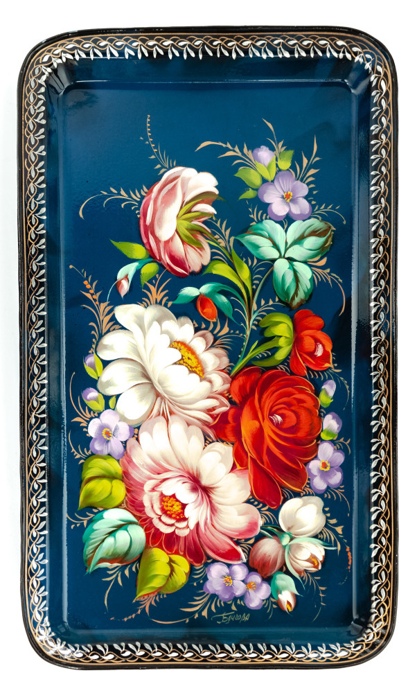 235x395 mm Zhostovo Patterns hand painted and lacquered by Blagova Metal Forged Blue Tray (by Lada Crafts)
