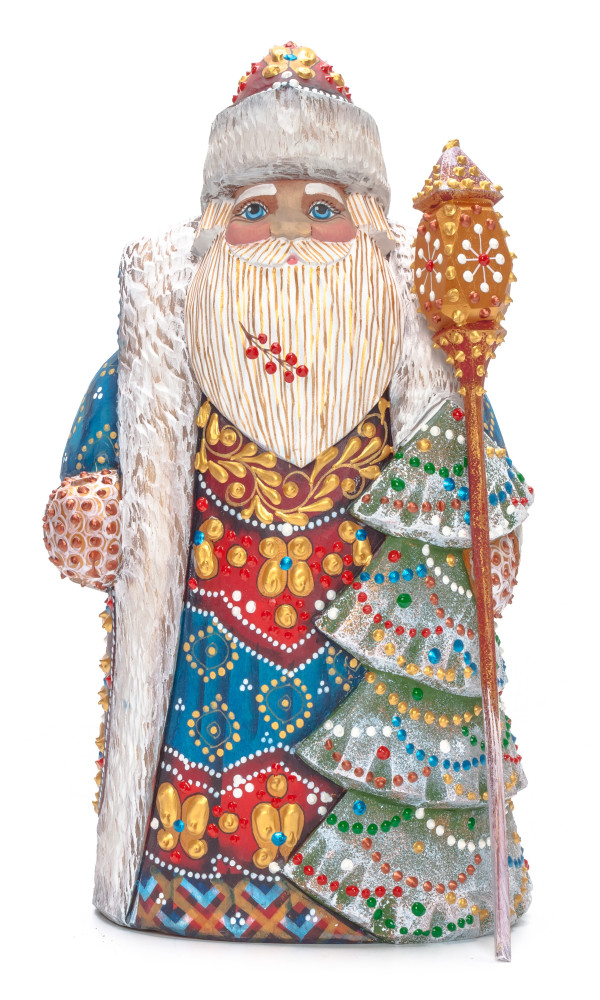 240 mm Santa with a Magic Staff and a Green Christmas Tree Carved Wood Hand Painted Collectible Figurine (by Natalia Nikitina Workshop)