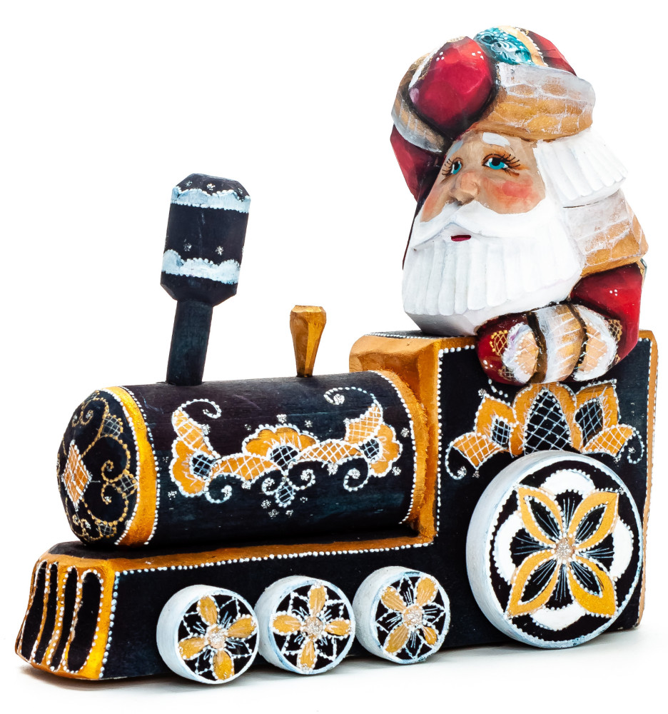 140 mm Santa with a Bag Riding the Train Carved Wood Hand Painted Collectible Figurine (by Igor Carved Wooden Figures Studio)