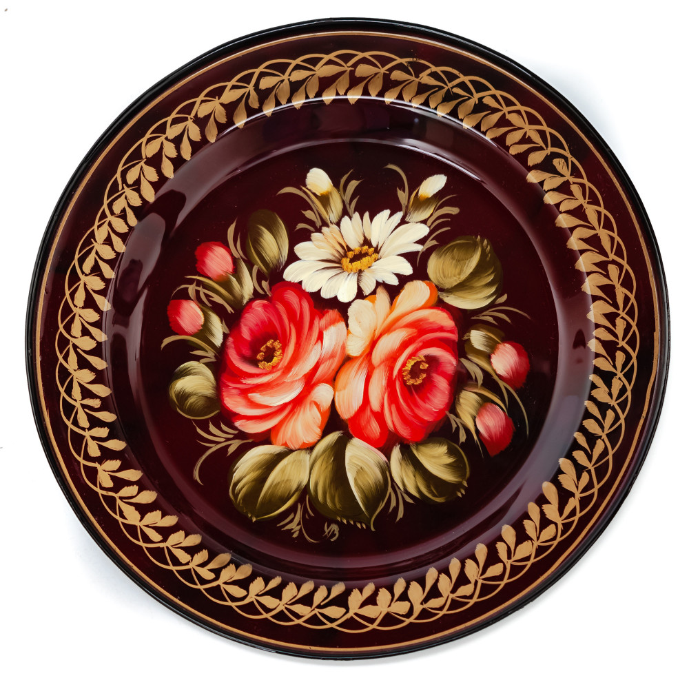  d 180 mm Zhostovo Patterns hand painted and lacquered Metal Forged Carmine Tray (by Lada Crafts)