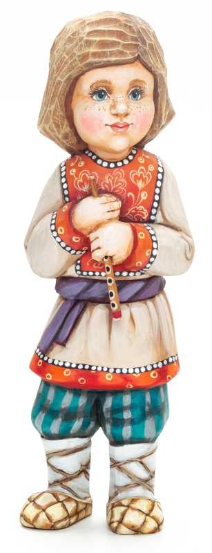 200 mm Boy with a Flute hand painted Wooden Statue (by Karpova Nadezda)