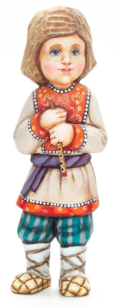 200 mm Boy with a Flute hand painted Wooden Statue (by Karpova Nadezda)