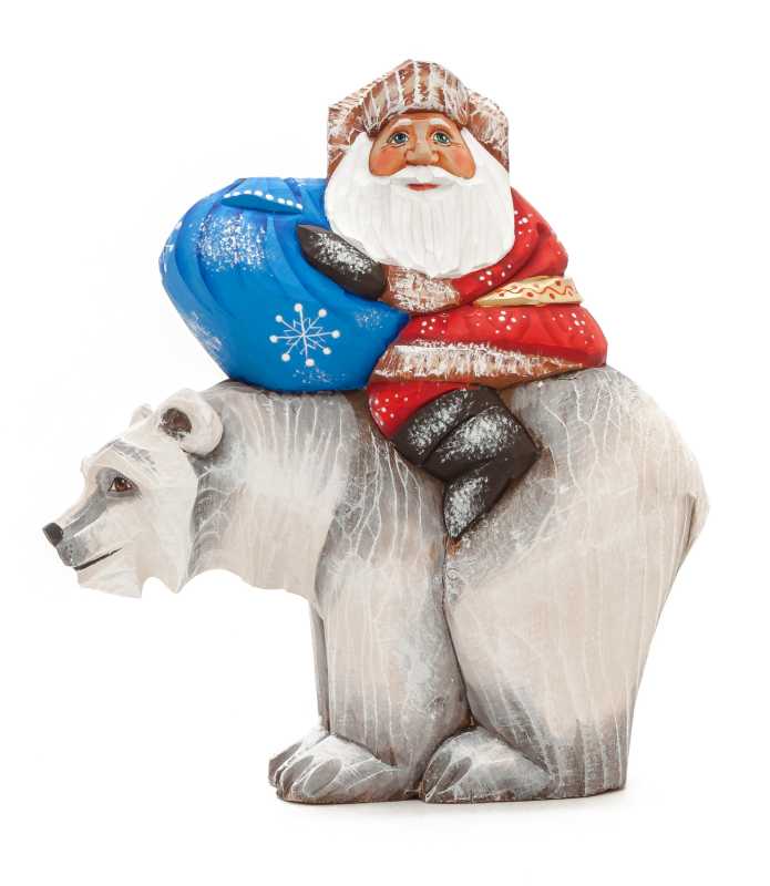160 mm Santa with a Bag riding the Bear Carved Wood Hand Painted Collectible Figurine (by Sergey Christmas Workshop)