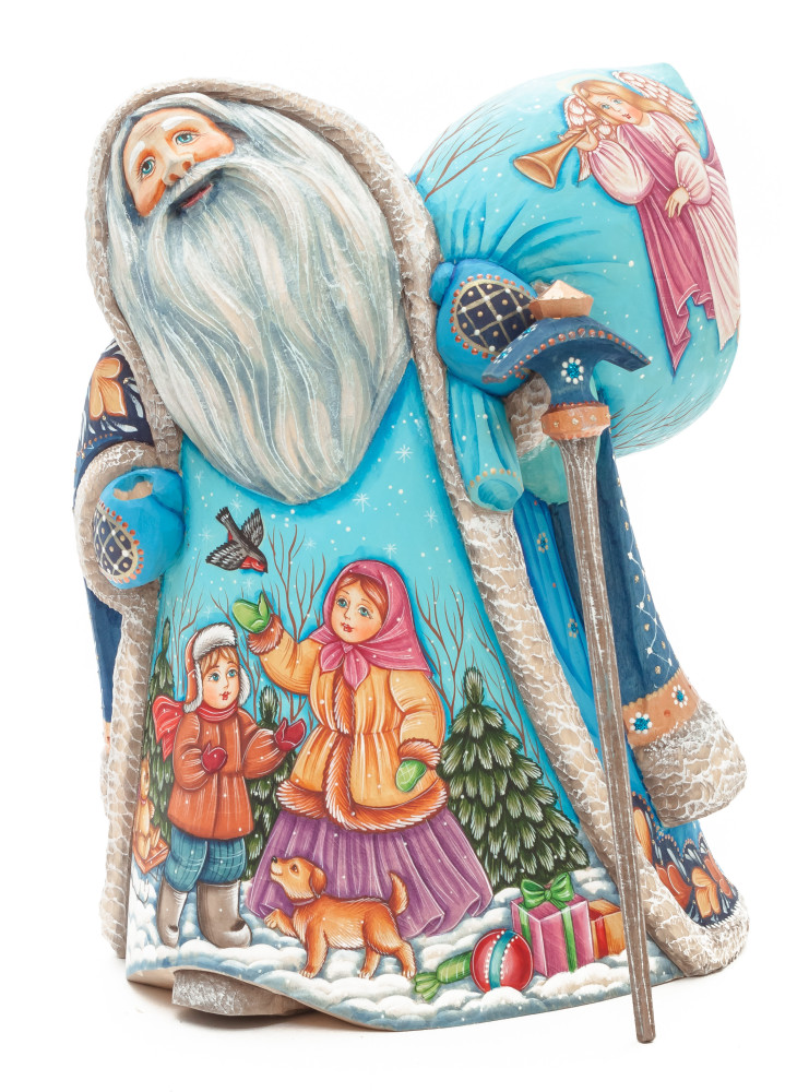 220 mm Santa with a Magic Staff and a Bag with hand painted Kids playing with a Bullfinch Carved Wood Collectible Figurine (by Sergey Christmas Workshop)