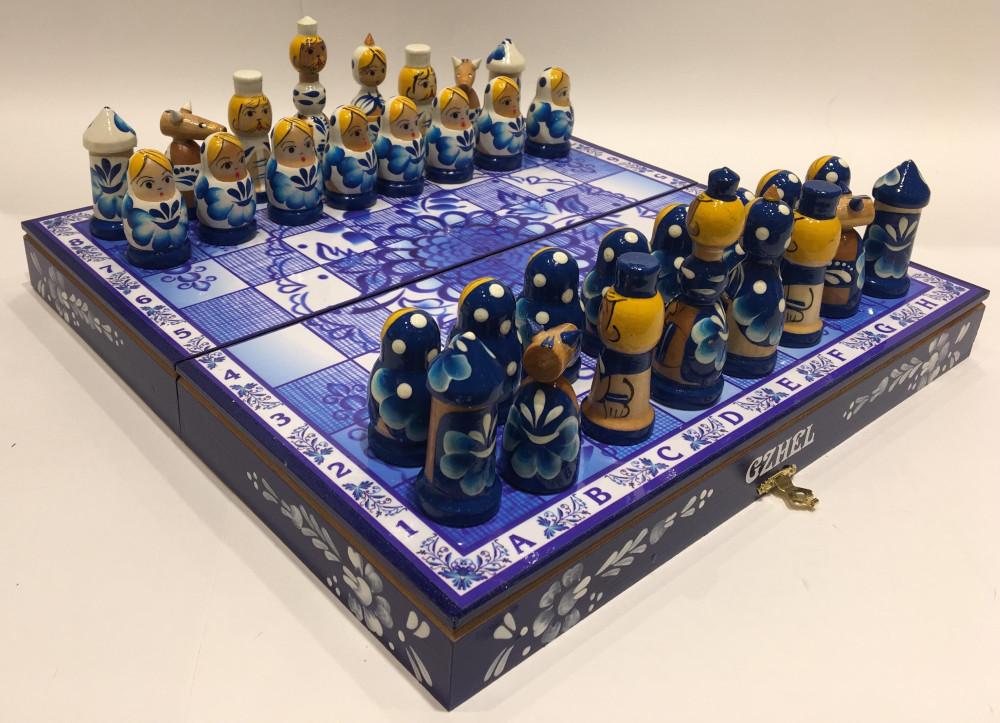 Wooden Chess Board with Gzhel Art Hand Painted Chess Pieces