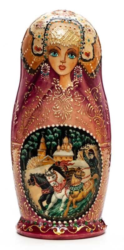 180 mm Russian Troika hand painted on Wooden Matryoshka doll 5 pcs (by Golden Cockerel Studio)