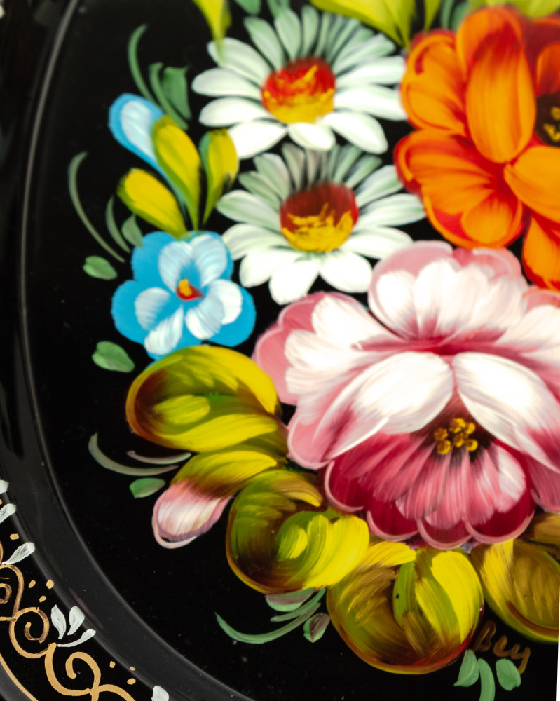 170x210 mm Zhostovo Patterns hand painted and lacquered Metal Forged Black Tray (by Lada Crafts)