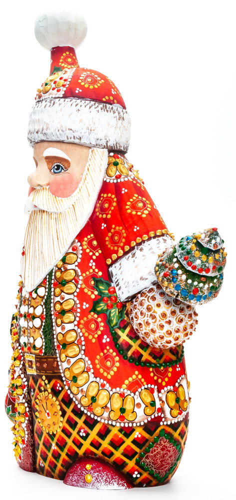 290 mm Santa with Christmas Green Tree Carved Wood Hand Painted Collectible Figurine  (by Natalia Nikitina Workshop)