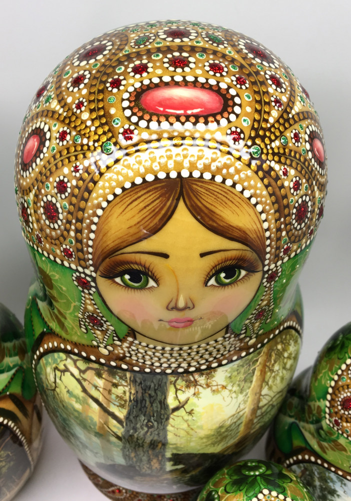 290 mm Morning in the Wood and other Shishkin famous pictures hand painted on Wooden Matryoshka doll 10 pcs green (by Natalia crafts)