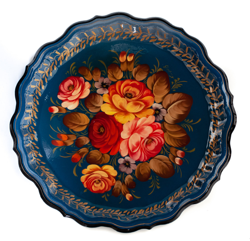 d 370 mm Zhostovo Patterns hand painted and lacquered by Hitrov Metal Forged Tray (by Lada Crafts)