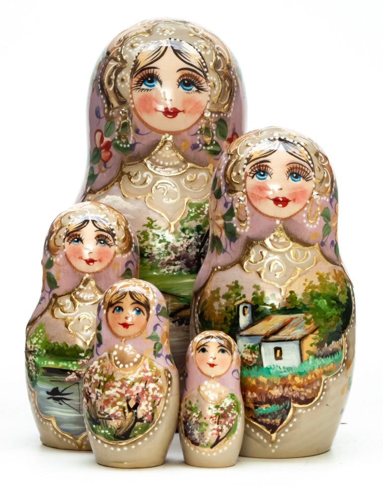  130 mm Princess Smile hand painted on wooden Matryoshka doll 5 pcs (by A Studio)