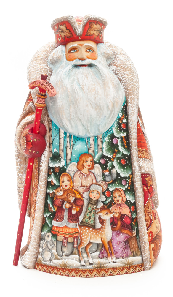 300 mm Santa with a Magic Staff and a Bag with hand painted Angel with Kids Carved Wood Collectible Figurine (by Sergey Christmas Workshop)