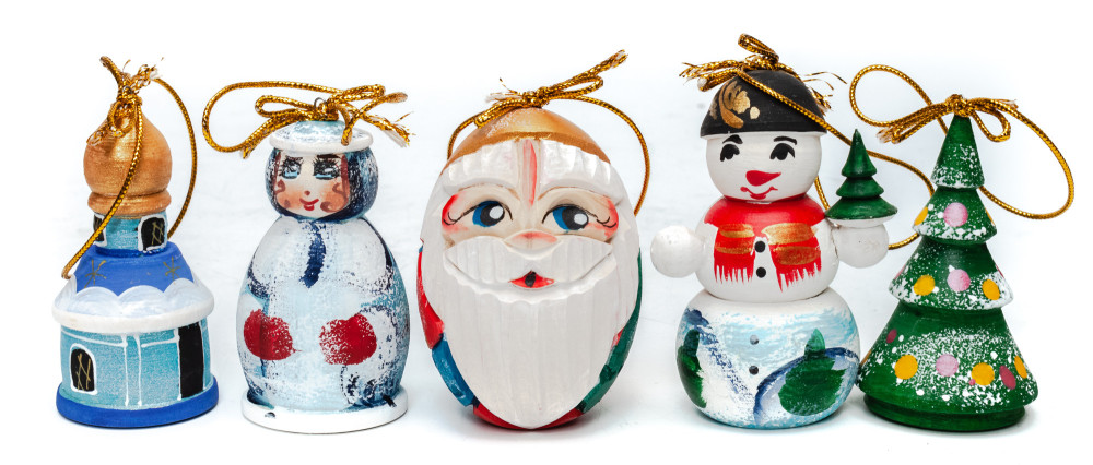 Santa and Snowmaiden Princess Carving Christmas Ornaments Set of 5 pcs (by Ilya Painted Dolls Studio)