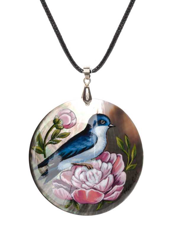  d60 mm Bird hand painted Nacre Pendant (by Tatiana Shkatulka Crafts)