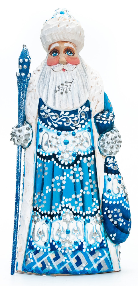 170 mm Santa with a Magic Staff and a Bag Carved Wood Hand Painted Collectible Figurine (by Natalia Nikitina Workshop)