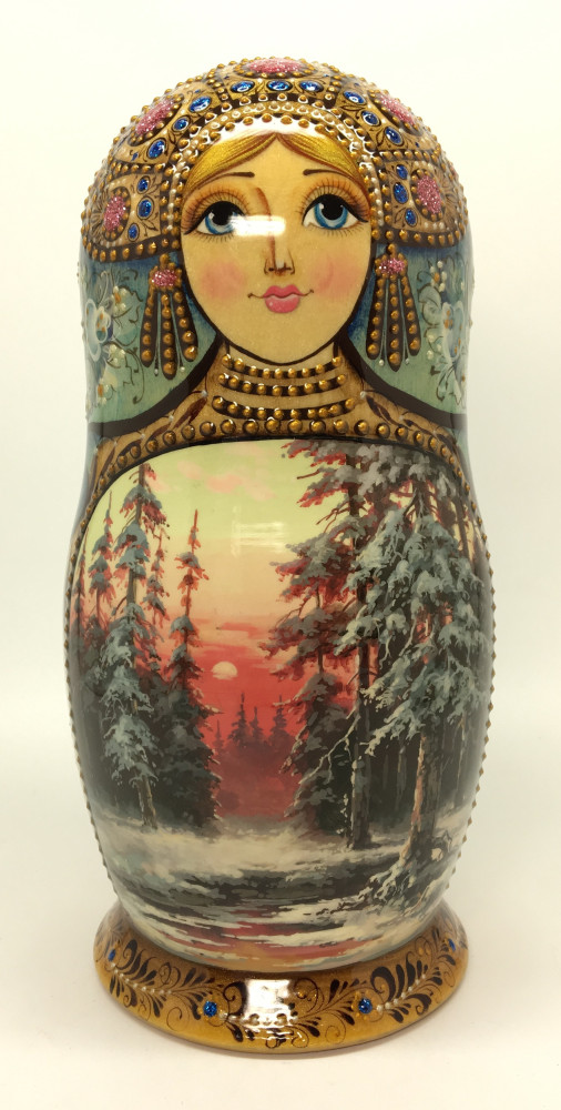 190 mm Winter Forest Landscape hand painted on Wooden Matryoshka doll 5 pcs (by Natalia crafts)
