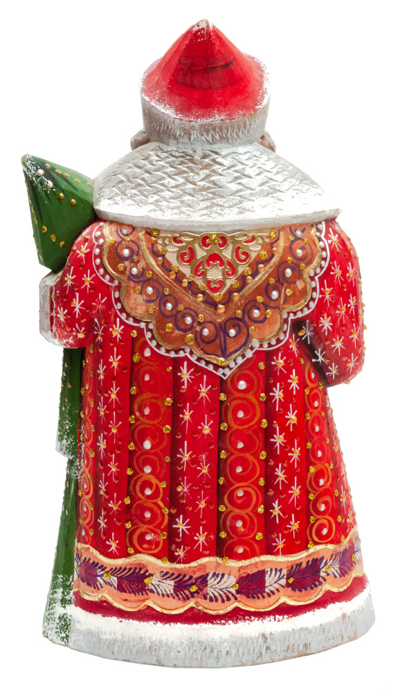 220  mm Santa with a Green Christmas Tree Carved Wood Hand Painted Collectible Figurine (by Igor Carved Wooden Figures Studio)