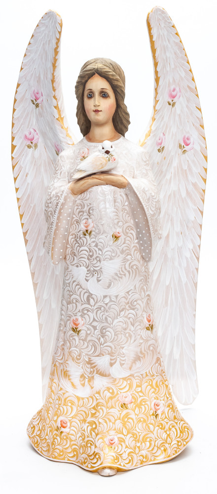 290 mm Mother Angel with Dove hand painted wooden figurine (by Polar Bear Studio)