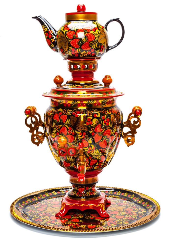 Golden Khokhloma Electric Brass Samovar Kettle with Teapot and Tray