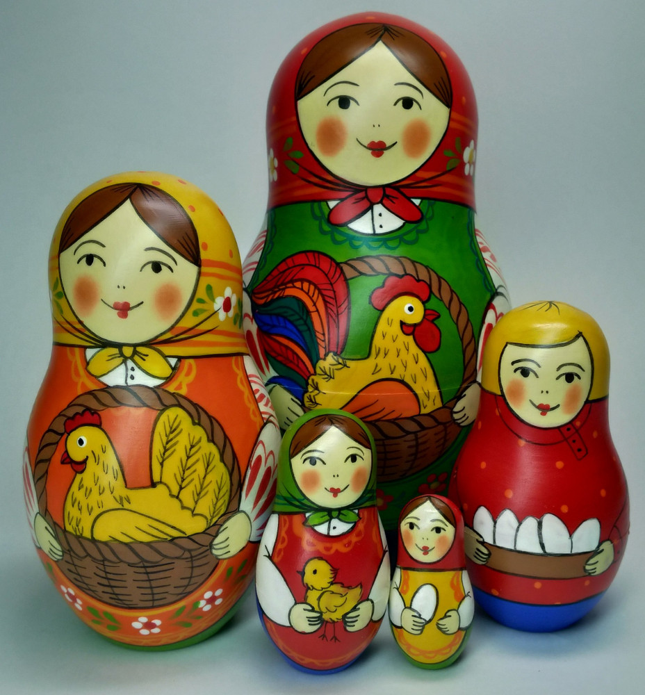 125 mm Mistress with Rooster hand painted Traditional Russian Wooden Matryoshka doll 5 pcs (by Igor Malyutin)