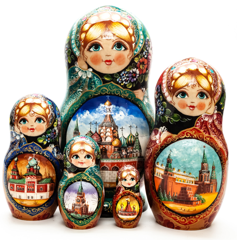 240 mm Moscow Kremlin and Snt Basil Cathedral hand painted Matryoshka 5 pcs with Zhostovo ornaments on Scarves and Rhinestones (by Olga Zaitseva)