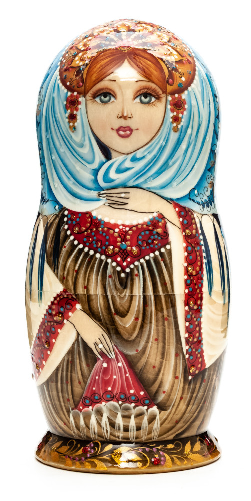 180 mm Maiden in a Dress hand painted on Wooden Matryoshka doll 5 pcs (by Natalia Crafts)