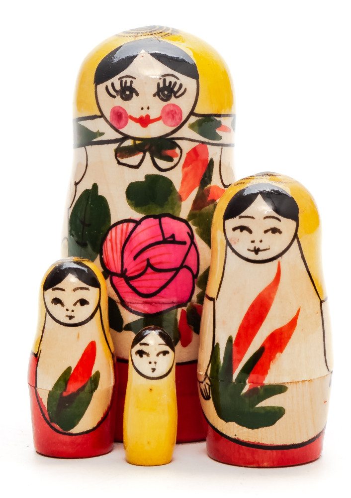 95 mm Yellow Head Semenovskaya Hand Painted Wooden Matryoshka Nesting Doll 4 pcs inside  (by Ivan Studio)