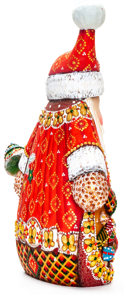 290 mm Santa with Christmas Green Tree Carved Wood Hand Painted Collectible Figurine  (by Natalia Nikitina Workshop)